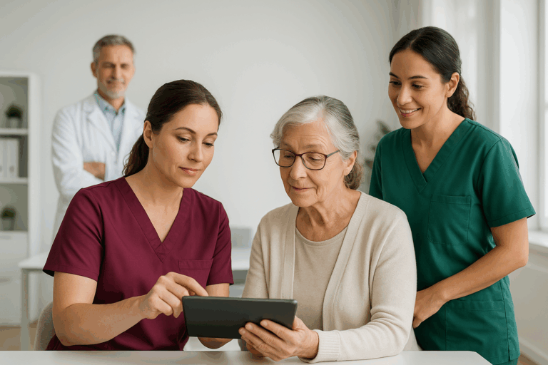 Seniorin mit Pflegekräften und Arzt nutzt Tablet – digitale Unterstützung und moderne Pflegeberatung im Gesundheitswesen