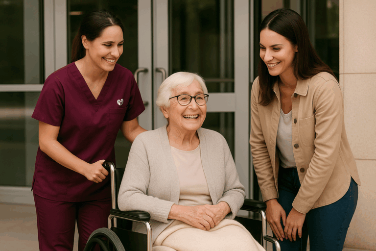 Seniorin im Rollstuhl lacht gemeinsam mit Pflegekraft und Angehöriger – liebevolle Betreuung, Pflege und familiäre Unterstützung